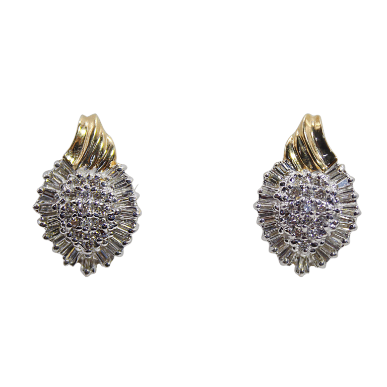 Diamond Cluster and Baguette Fan Earrings in Two-Tone Gold