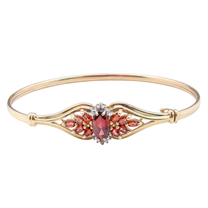 14k yellow gold garnet floral cluster bangle bracelet with diamond halo accents