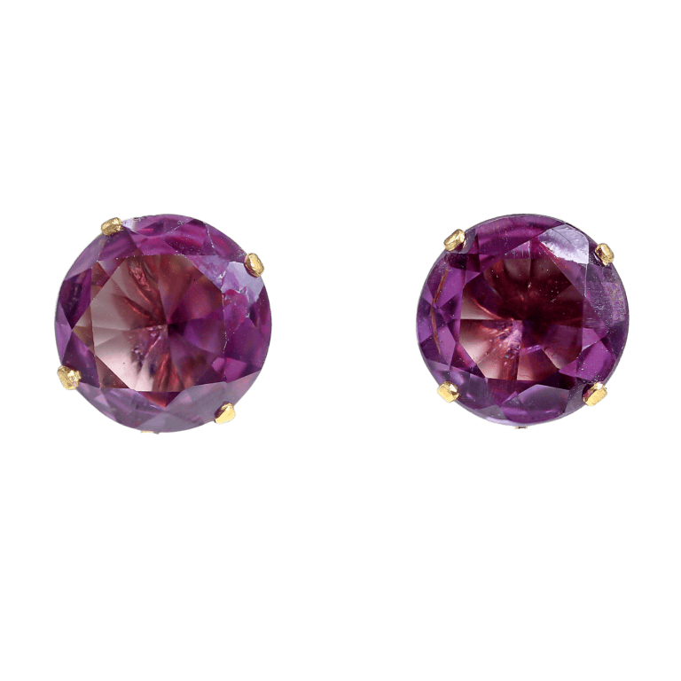 Round Amethyst Solitaire Screw Back Earrings in Yellow Gol