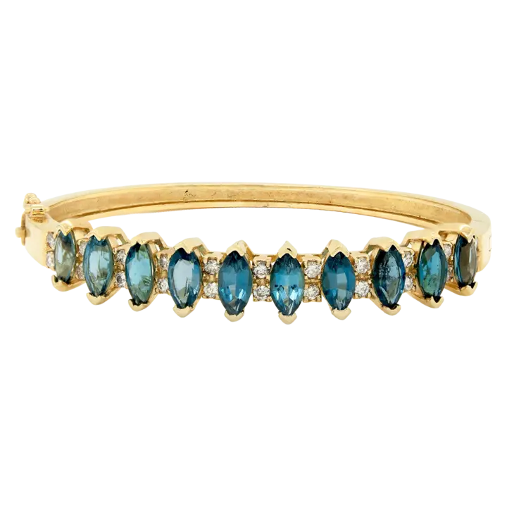 14K yellow gold marquise blue topaz and diamond hinged bangle bracelet