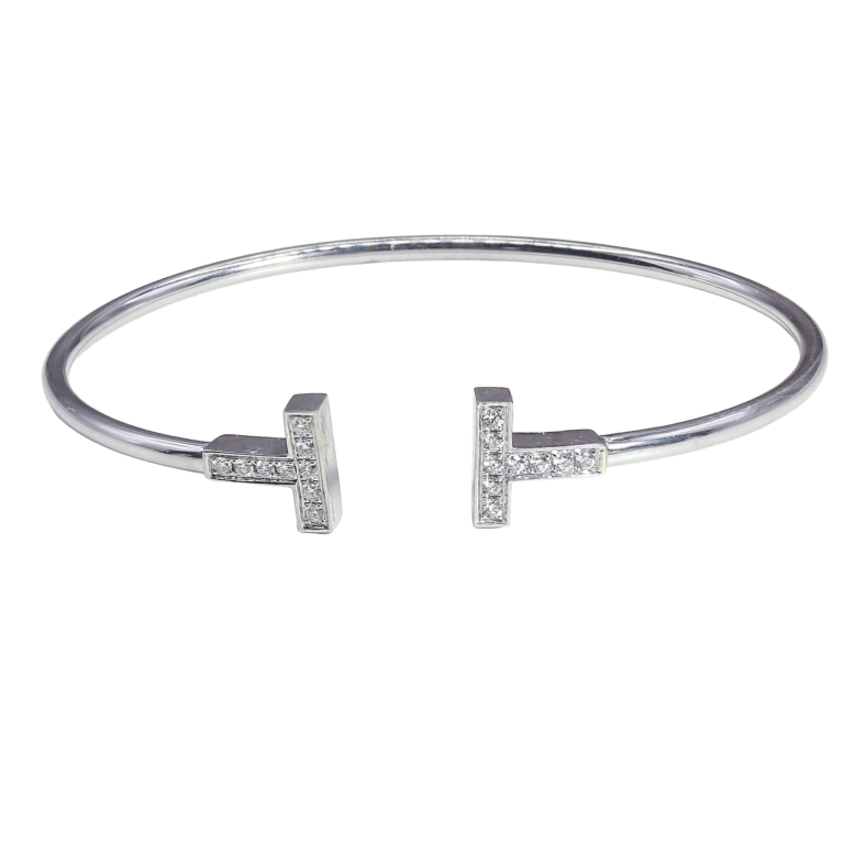 Pave Diamond Open T-Bar Bangle Bracelet in White Gold