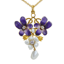Enamel Violet & Baroque Pearl Art Nouveau Style Necklace in Yellow Gold
