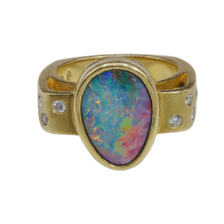 Black Opal Doublet & Diamond Modernist Ring in Yellow Gold