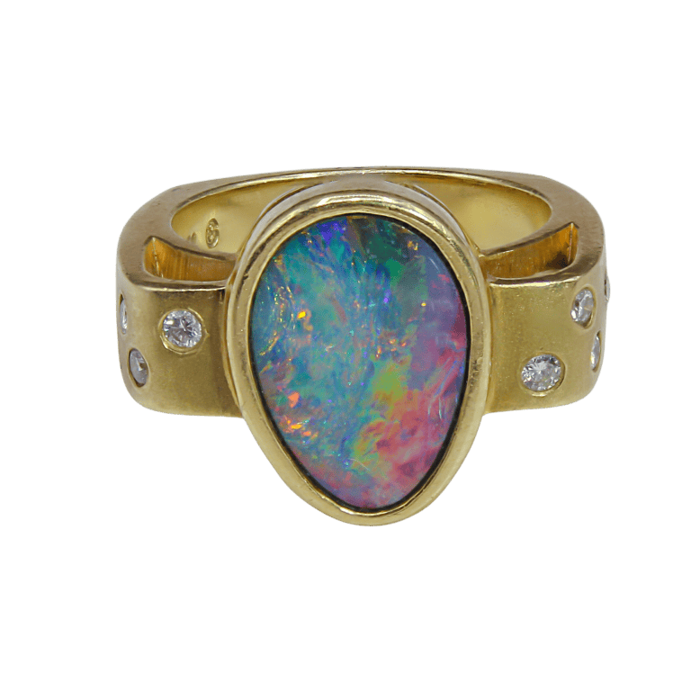 Black Opal Doublet & Diamond Modernist Ring in Yellow Gold
