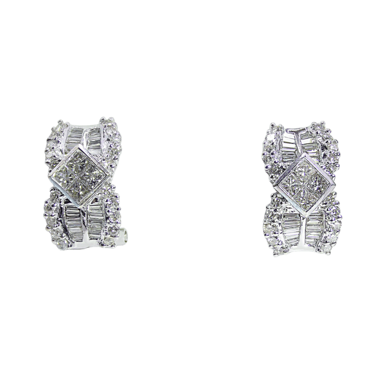 Princess and Baguette Diamond Cluster Earrings in White Gold