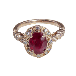 Oval Ruby Vintage Style Diamond Halo Ring in Rose Gold