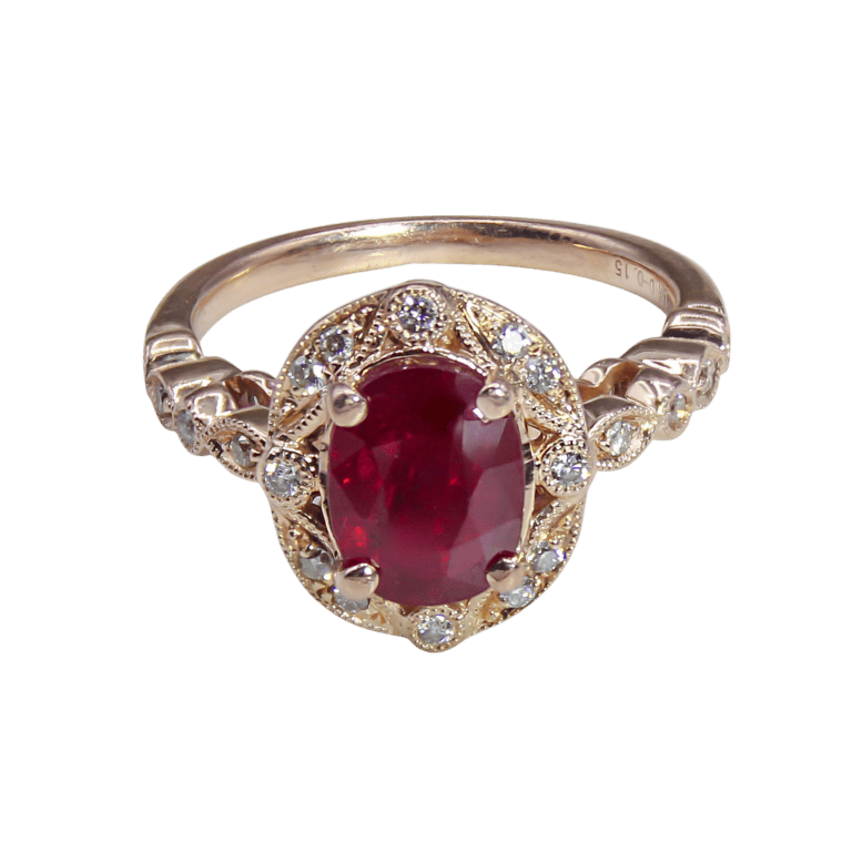 Oval Ruby Vintage Style Diamond Halo Ring in Rose Gold
