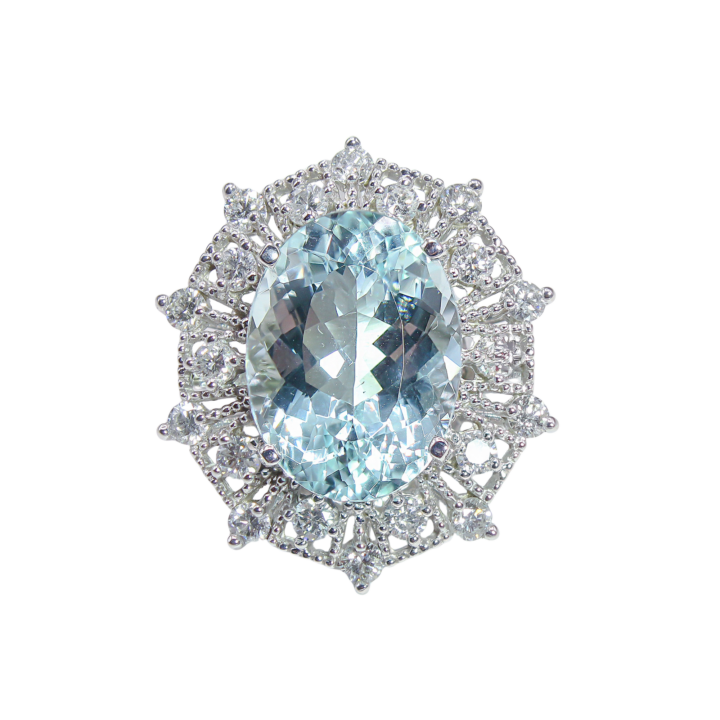Aquamarine and Diamond Sunburst Cocktail Ring in White Gold