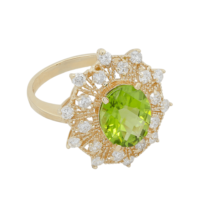 Peridot Diamond Sunburst Halo Cocktail Ring in Yellow Gold - view 4