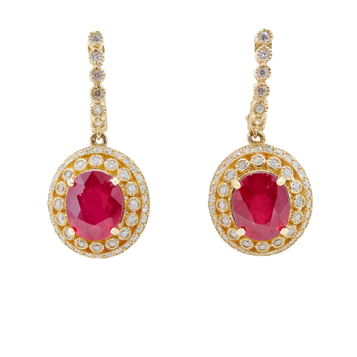 Oval ruby double diamond halo drop earrings in 14k yellow gold estate pair