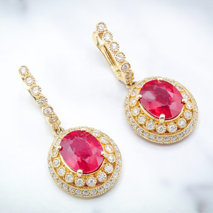 Ruby Oval Double Diamond Halo Drop Earrings in Yellow Gold - view 2