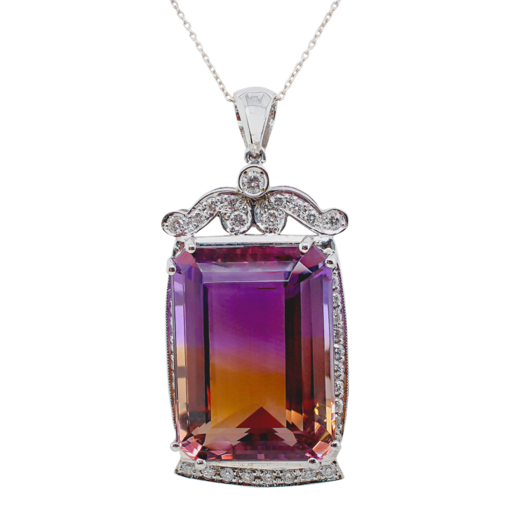 Ametrine Emerald-Cut Diamond Halo Pendant in White Gold