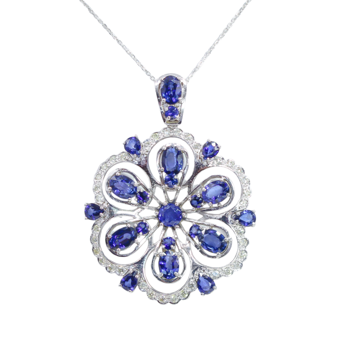 Sapphire and Diamond Floral Medallion Pendant in White Gold