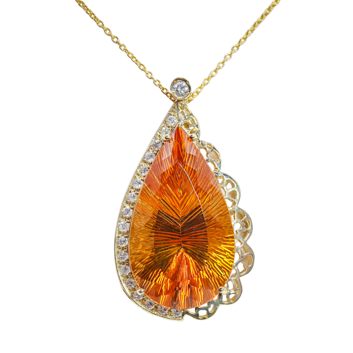 Citrine and Diamond Filigree Teardrop Pendant in Yellow Gold