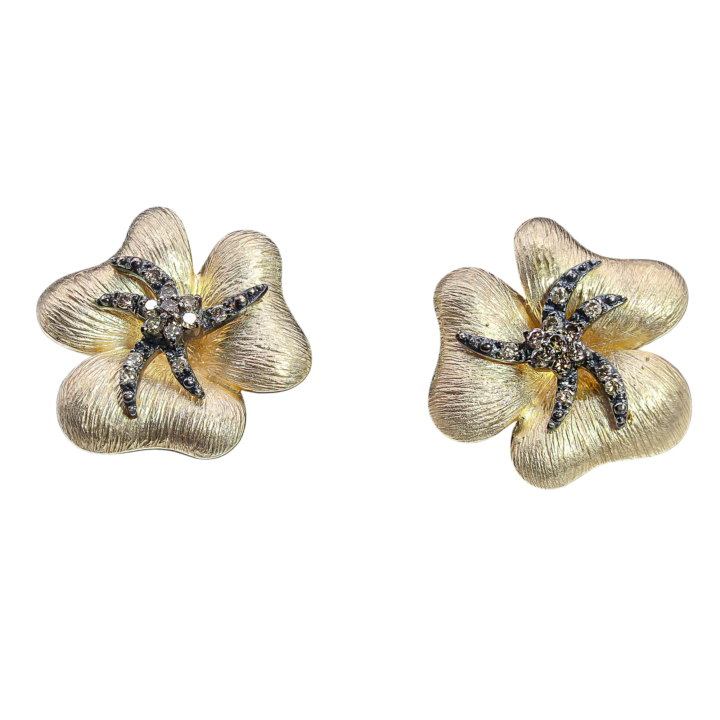 Diamond Floral Starfish Motif Stud Earrings in Yellow Gold