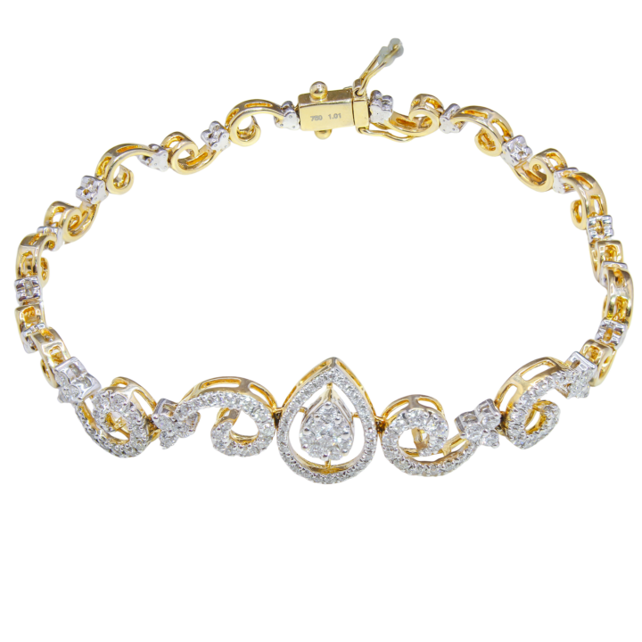 Two-tone yellow and white gold diamond cluster teardrop swirl bracelet on wrist