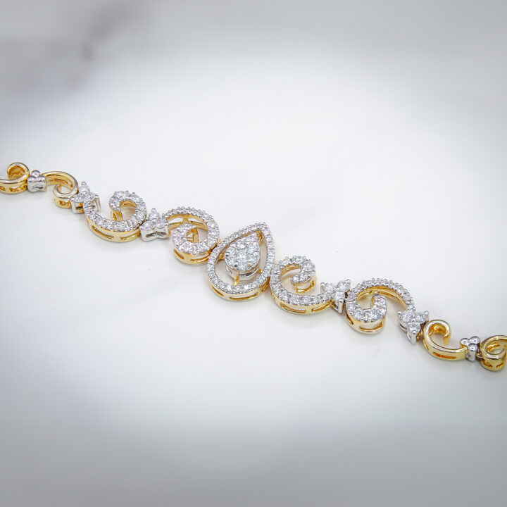 Diamond Cluster Teardrop Swirl Bracelet in Two-Tone Yellow and White Gold - view 2
