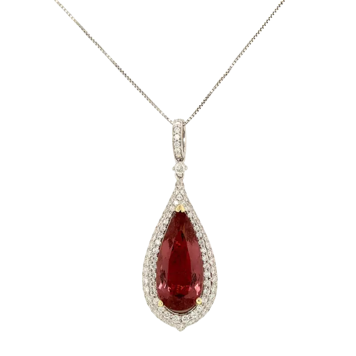 14K white gold pear-shaped pink tourmaline diamond halo pendant on box chain necklace