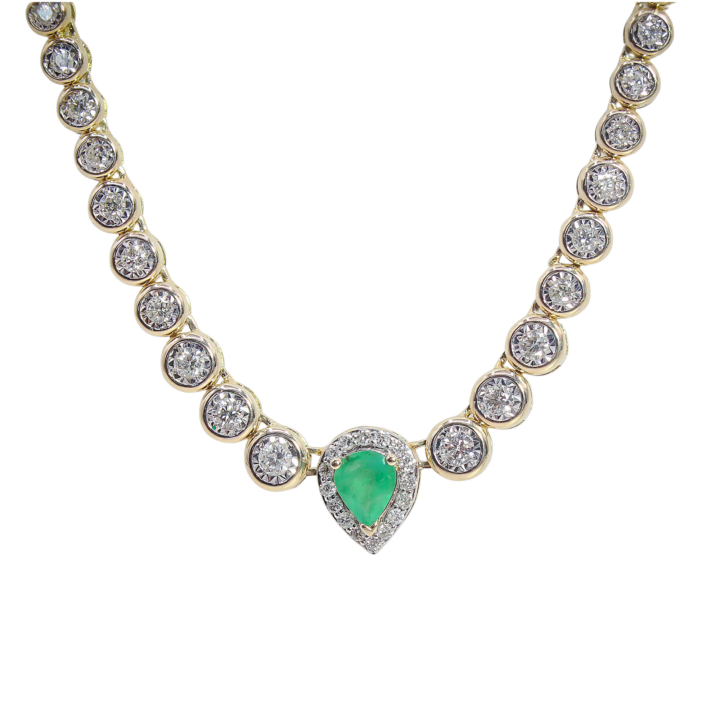 Pear Emerald and Diamond Halo Bezel Tennis Necklace