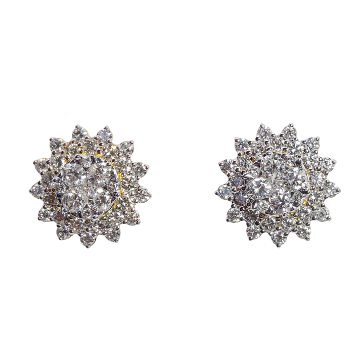 Diamond Sunburst Cluster Stud Earrings in Two-Tone Gold