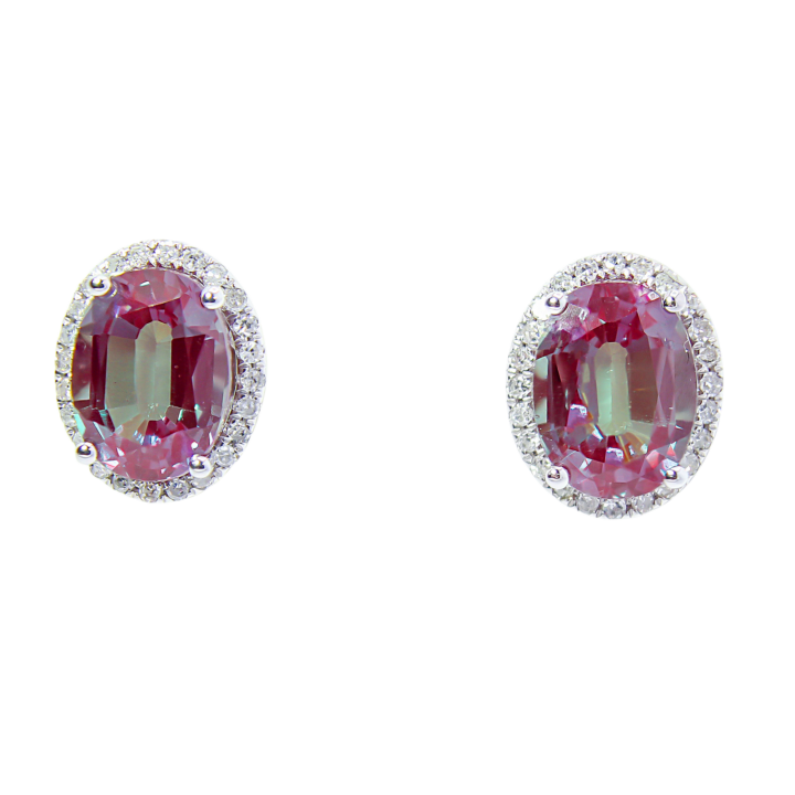 Oval color-change alexandrite and diamond halo stud earrings in 14k white gold.