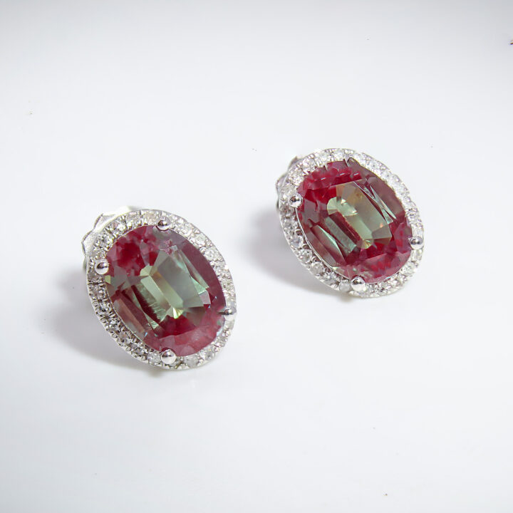 Alexandrite & Diamond Halo Stud Earrings in White Gold - view 2