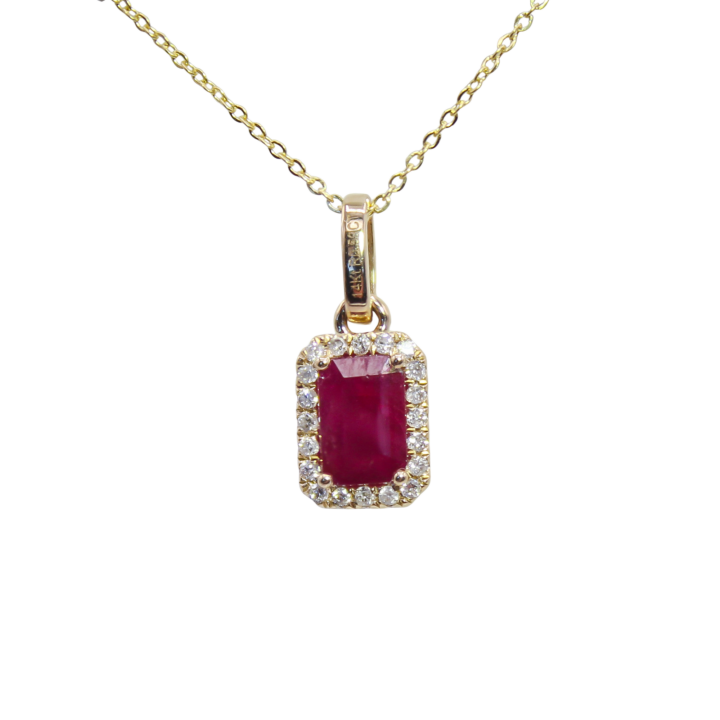 Ruby and Diamond Halo Pendant Necklace in Yellow Gold