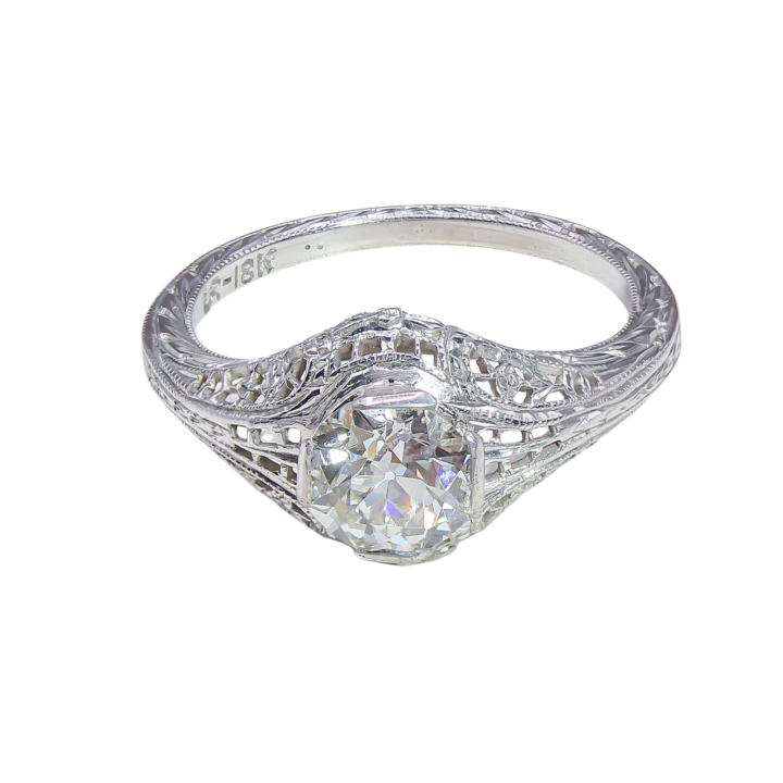 Old European Cut Diamond Art Deco Filigree Ring in White Gold