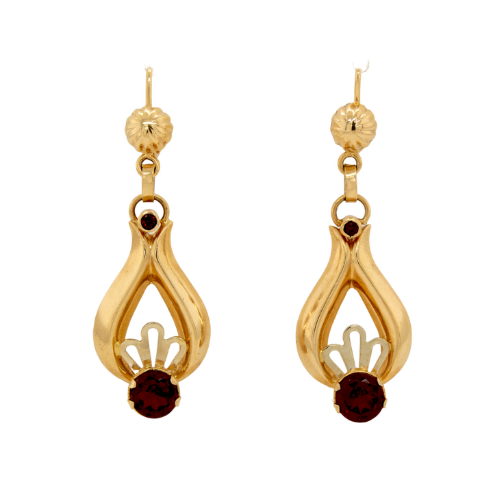 Vintage 18K Yellow Gold Garnet Dangle Earrings