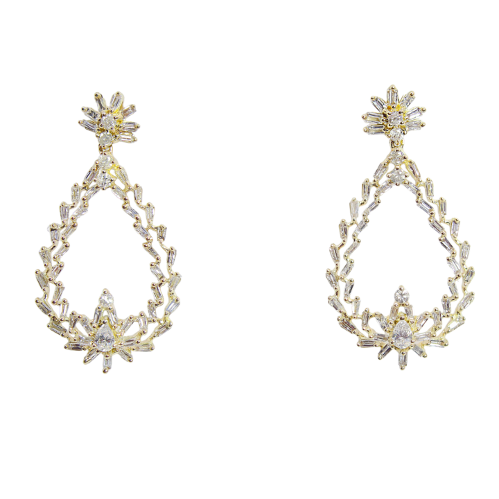 Diamond Baguette Teardrop Dangle Earrings in Yellow Gold