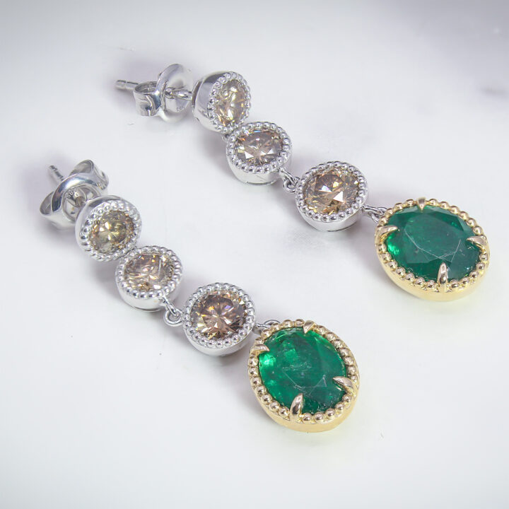 Emerald & Champagne Diamond Two-Tone Drop Earrings in Gold - view 2