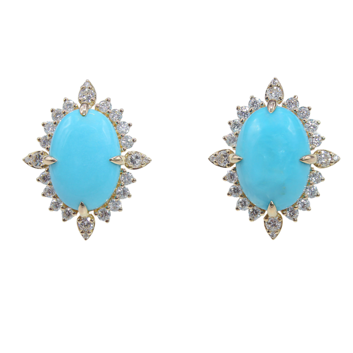 Oval Turquoise and Diamond Sunburst Halo Stud Earrings