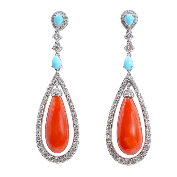 Coral and Turquoise Drop Earrings in White Gold with Diamonds