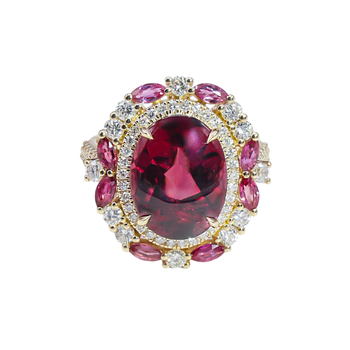 Oval Rhodolite Garnet and Ruby Halo Cocktail Ring in Yellow Gold