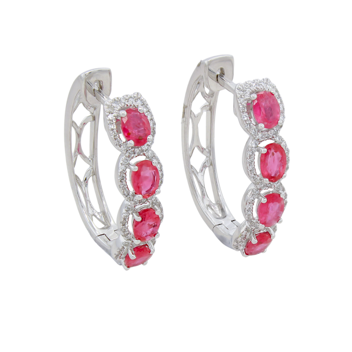 14k white gold hoop earrings featuring oval rubies with diamond halo settings