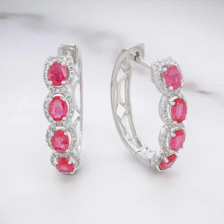 Ruby & Diamond Halo Hoop Earrings in White Gold - view 2
