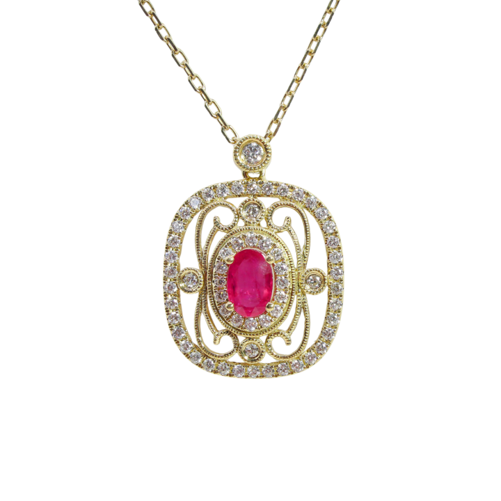 Oval Ruby and Diamond Art Deco Style Filigree Pendant