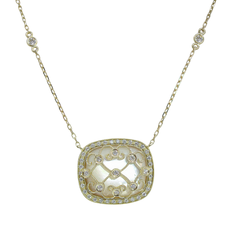 14k yellow gold mother of pearl and diamond filigree cushion pendant necklace