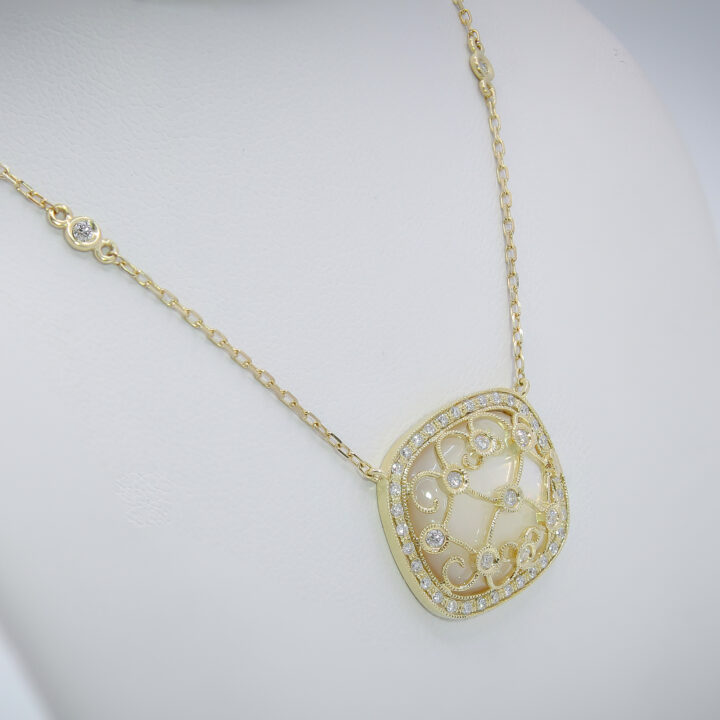 Mother of Pearl Diamond Filigree Pendant Necklace in Yellow Gold - view 2
