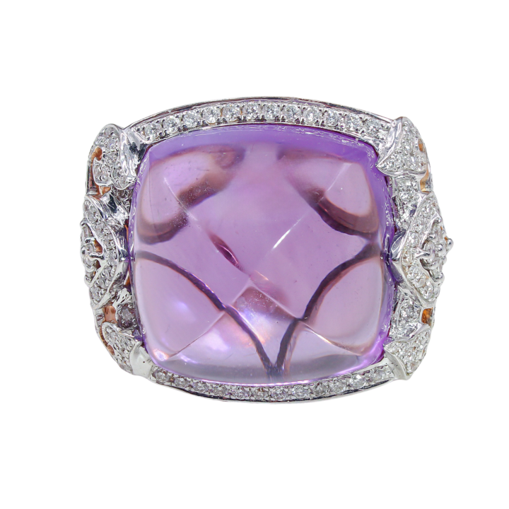 Buff Top Amethyst and Diamond Halo Cocktail Ring