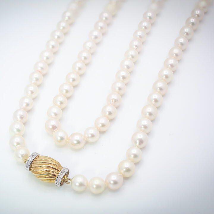 Pearl & Diamond Necklace with Fluted Gold Barrel Clasp in Two-Tone Gold - view 2