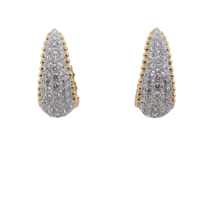 14k two-tone gold diamond pavé teardrop hoop earrings with beaded yellow gold border