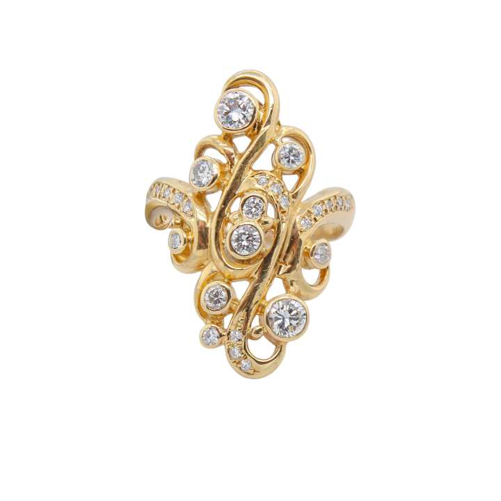18k yellow gold diamond swirl scroll cocktail ring with bezel-set round brilliant diamonds