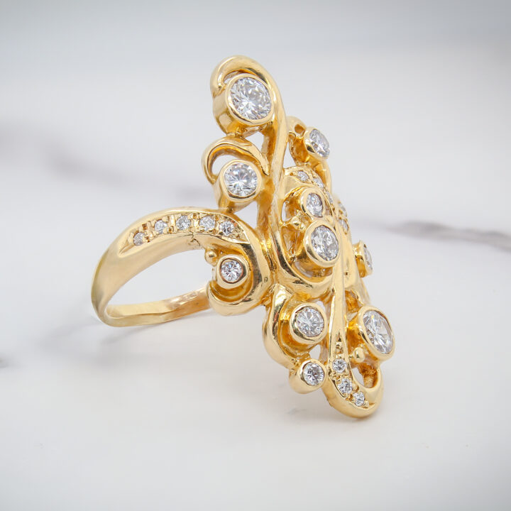 Diamond Swirl Scroll Cocktail Ring in Yellow Gold - view 2