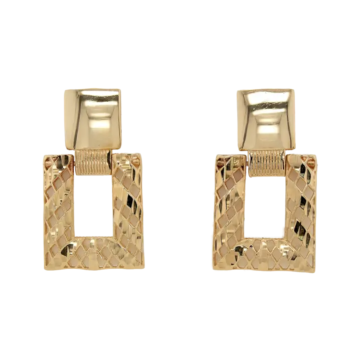 14K yellow gold doorknocker earrings with polished square tops and openwork lattice drops