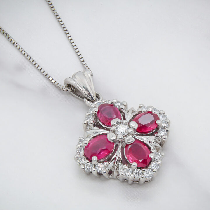 Ruby Flower Cluster Diamond Halo Pendant Necklace in White Platinum - view 2