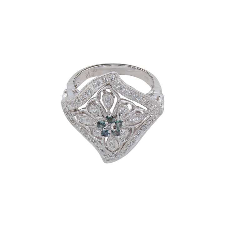 Alexandrite & Diamond Filigree Cocktail Ring in White Gold