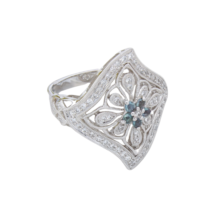 18k white gold filigree cocktail ring with alexandrite flower center and diamond accents