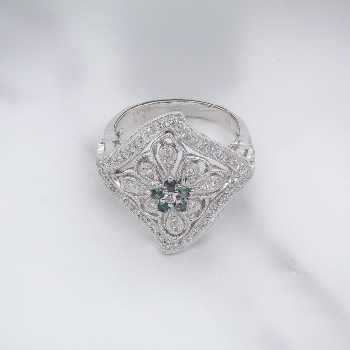 Alexandrite & Diamond Filigree Cocktail Ring in White Gold - view 2