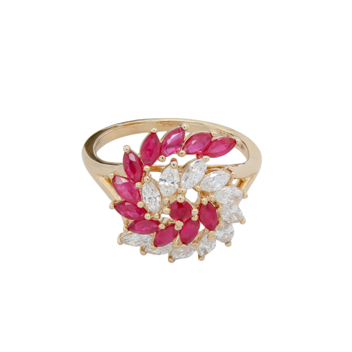 14k yellow gold marquise ruby and diamond floral cluster cocktail ring, angled view.